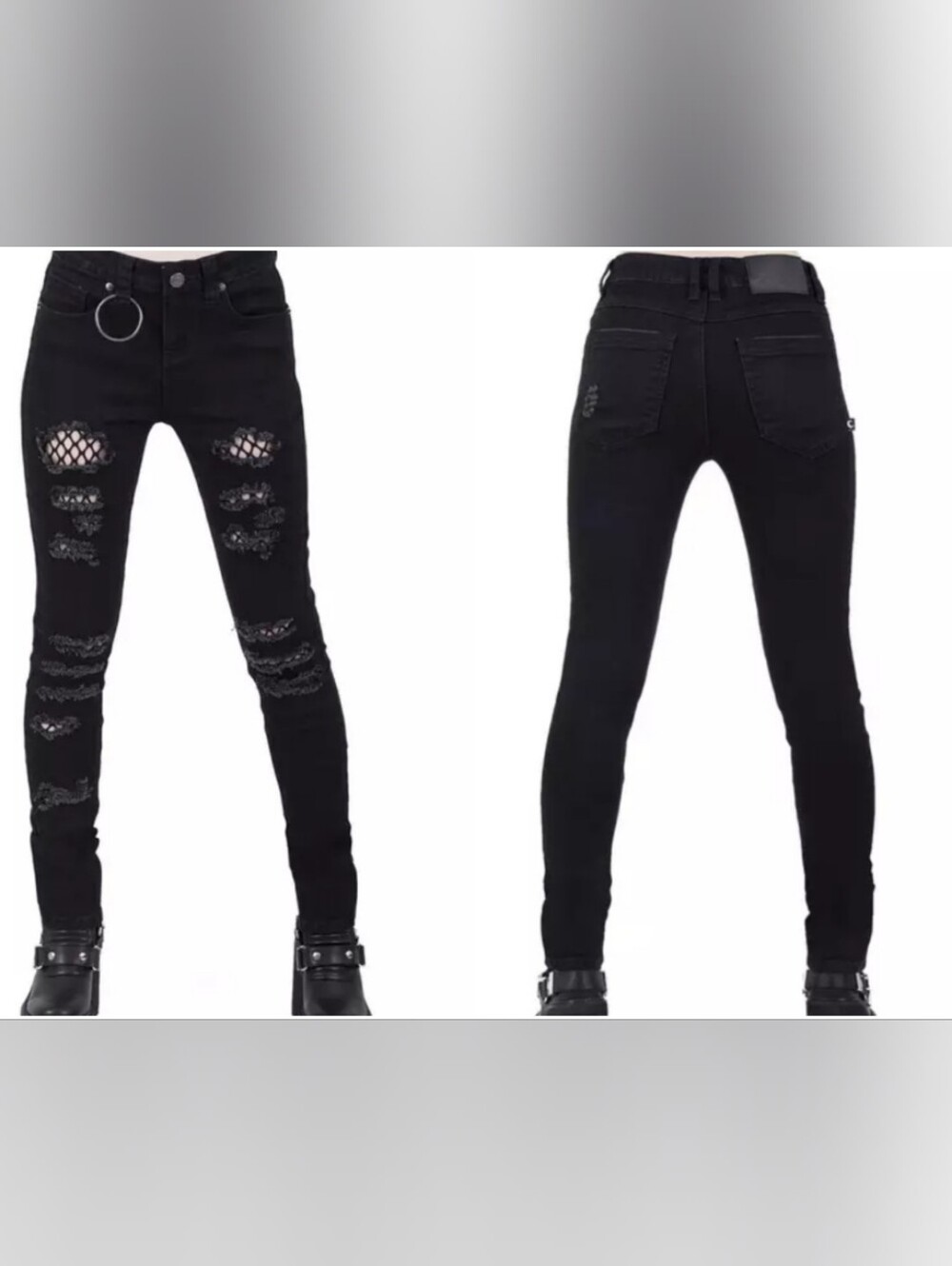 Killstar Trash Talk Distressed Skinny Jeans Lrg Black Fishnet O-Ring Goth Flaws